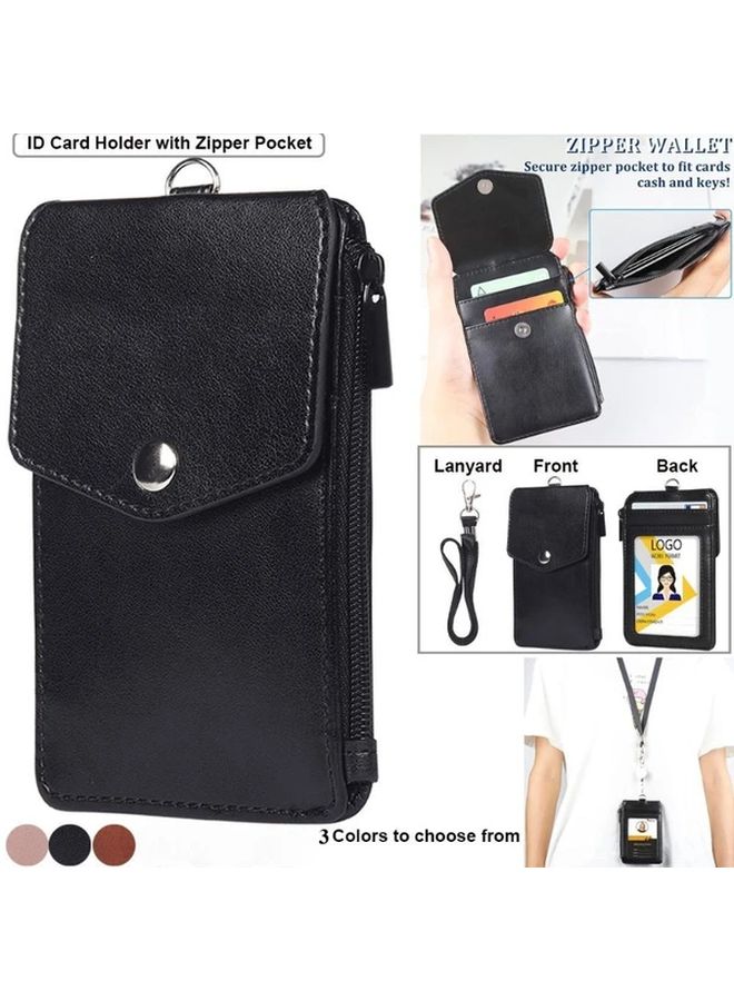 Black Faux Leather ID Badge Holder with Retractable Lanyard 4 Card Slots Zipper Pocket - Image 1